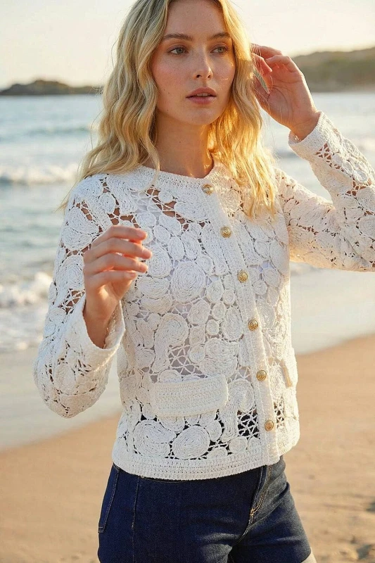Image of Roman Womens Crochet Knit Jacket in Ivory Size: Large Ivory Female L