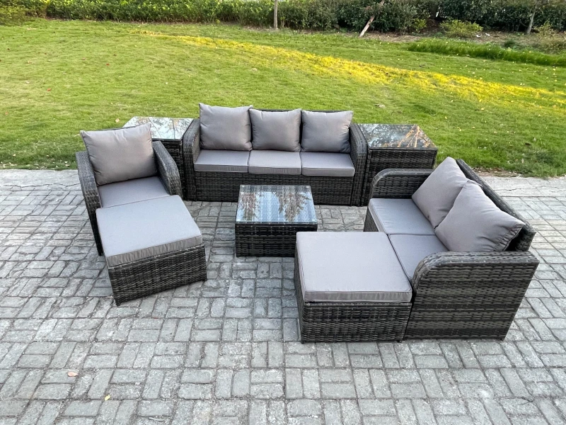 Image of Fimous Indoor Outdoor Rattan Garden Furniture 8 Seater Set Table Sofa Chair Conservatory with Grey Cushions 2 Big Footstool Dark Grey