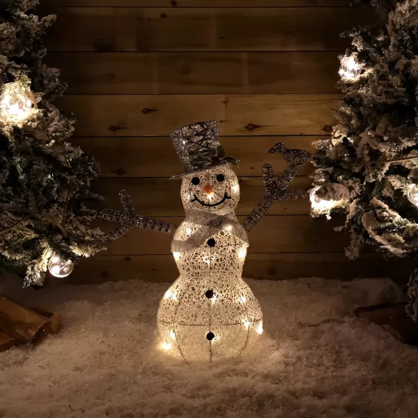 Image of 62cm Battery Operated Silver Glitter Woven Christmas Snowman Decoration with Warm White LEDs
