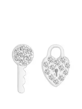 image of Simply Silver Sterling Silver 925 Cubic Zirconia Mini Heart And Key Stud Earrings, Silver, Women