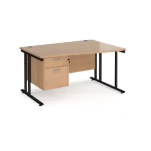 image of Office Desk Right Hand Wave Desk 1400mm With Pedestal Beech Top With Black Frame Maestro 25 MC14WRP2KB