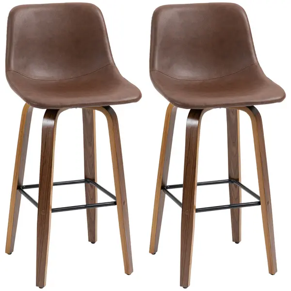 Image of HOMCOM Bar Stools Set of 2, Breakfast Bar Chairs, PU Leather Upholstered Kitchen Stools w/ Backs, Wood Legs for 89-99cm Bar Table, Brown