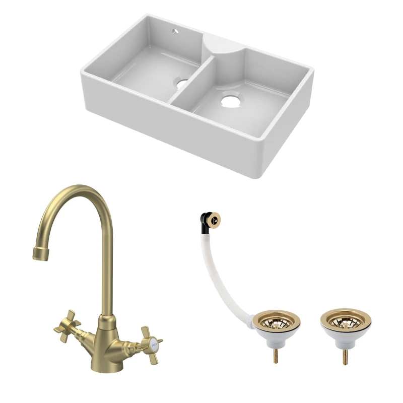 Image of Balterley Fireclay 2 Bowl Stepped Weir Butler Sink WastesTap 895mm Bronze