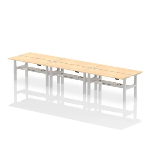 Image of Air Air Back-to-Back 1600 x 600mm Height Adjustable 6 Person Bench Desk Maple Top with Cable Ports Silver Frame HASCP6P16600MPES