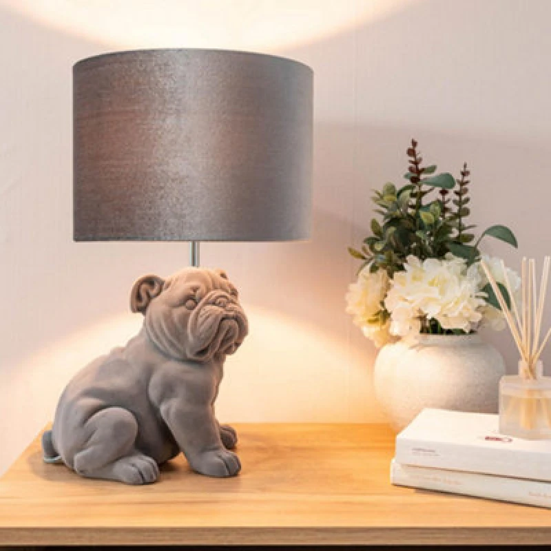 Image of ValueLights Billy Grey Velvet Bulldog Table Lamp Grey