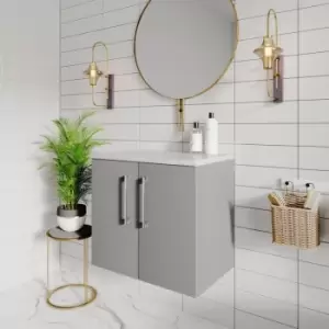 Image of Arno Wall Hung 2-Door Vanity Unit with Sparkling White Worktop 600mm Wide - Gloss Mid Grey - Nuie