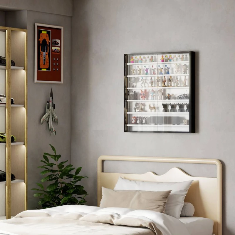 Image of HOMCOM 7-Tier Wall Display Cabinet w/ Adjustable Shelves Glass Doors Size: Large Multicolor Unisex Large