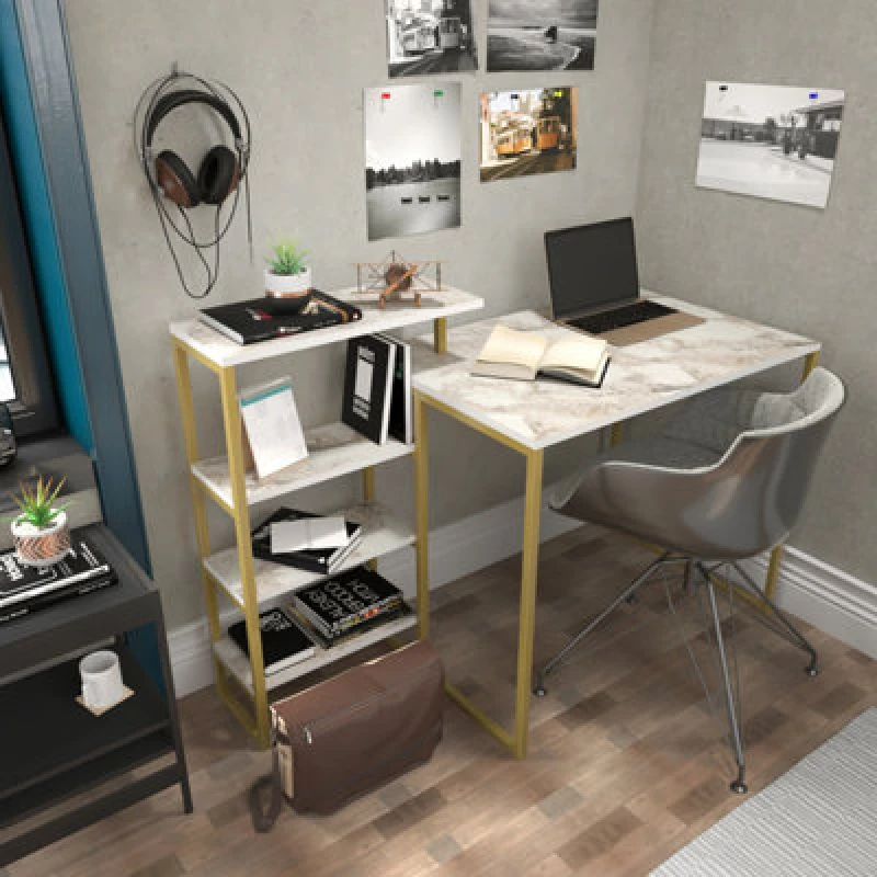 Image of Decorotika Rino Computer Desk Study Desk White Marble Effect And Gold