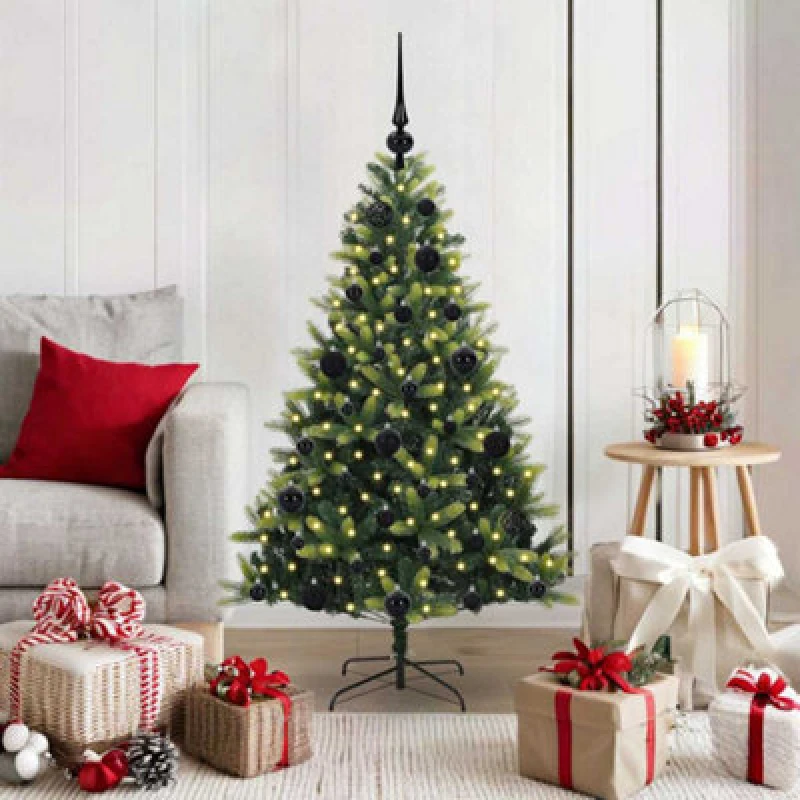 Image of vidaXL Artificial Hinged Christmas Tree 150 LEDs, Black Balls Green 120 cm, Green 3395974