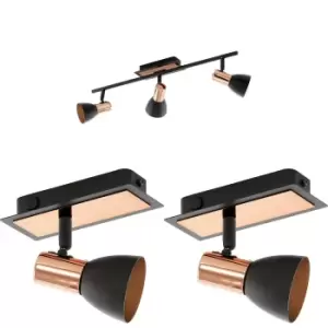 image of Ceiling Spot Light & 2x Matching Wall Lights Black & Copper Adjustable Shade