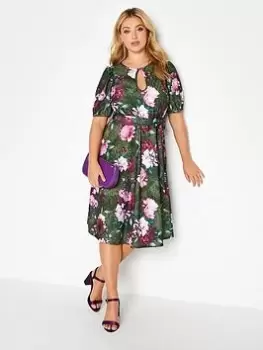 Image of Yours Animal Floral Keyhole Skater Dress, Green, Size 16, Women