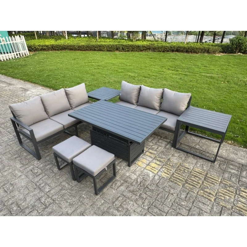 Image of Fimous Aluminum 7 Piece Sofa Set with Lifting Table, 2 Side Tables, Cushions in Dark Grey Dark Grey Unisex