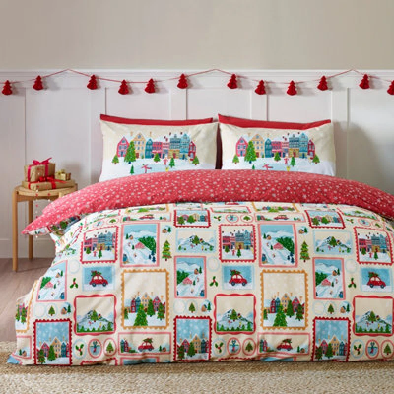 Image of Catherine Lansfield Christmas Town Stamps Reversible Double Duvet Cover Set With Pillowcases Natural
