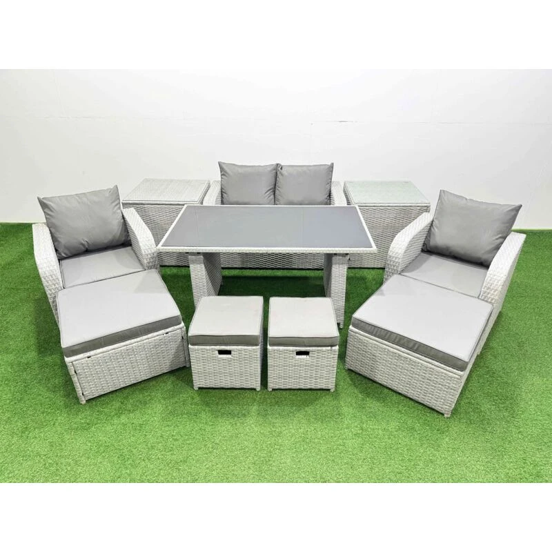 Image of Fimous 8 Seater Patio Garden Furniture Sets with 2 Side Tables 4 Stools in Light Grey Light Grey Unisex