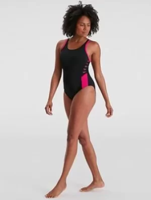 Image of Speedo Boom Logo Splice Muscleback, Black/Pink, Size 30, Women
