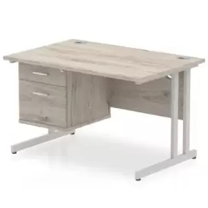 image of Impulse 1200 Rectangle Silver Cant Leg Desk Grey Oak 1 x 2 Drawer Fixed Ped