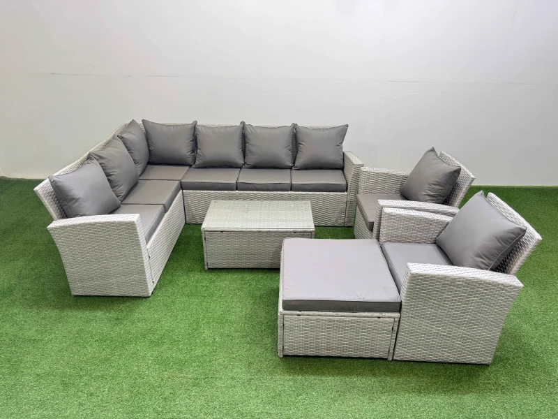 Image of Fimous 9 Seater Garden Outdoor PE Rattan Furniture Set with Big Stool 2 Chair in Light Grey Light Grey Unisex