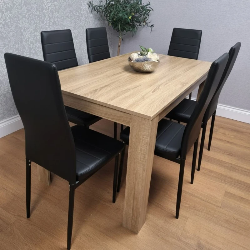 Image of KOSY KOALA Dining Set of 6 Dining Table and 6 Black Faux leather Chairs Dinig Room Furniture Beige