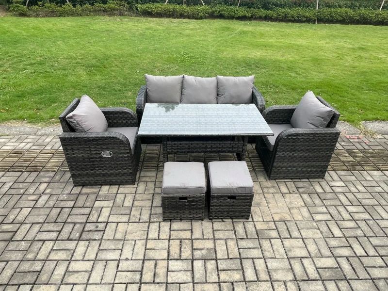 Image of Fimous Rattan Garden Furniture 6 Piece Grey Patio Furniture Set Patio Conservatory 7 Seater Set Outdoor Rectangular Table & Chairs in Dark Grey Dark G