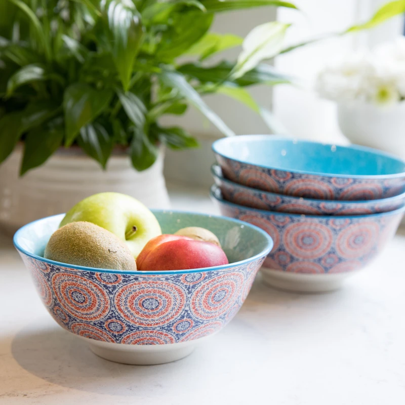 Image of Kitchencraft Set of 4 KitchenCraft Blue and Red Mosaic Style Ceramic Bowls Blue