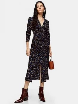 Image of Topshop V-Neck Ruched Midi Dress - Black, Size 8, Women