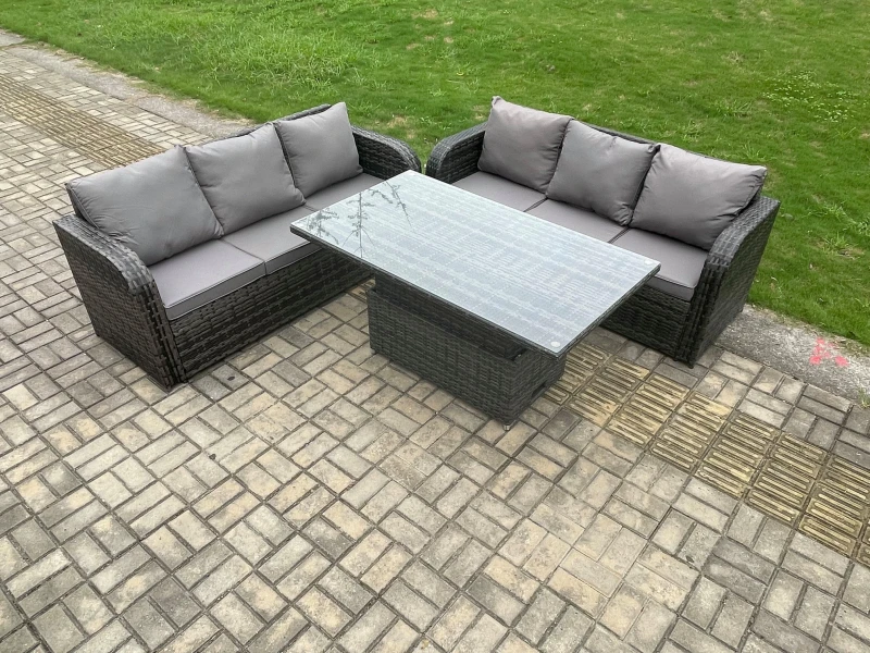 Image of Fimous 6 Seater Garden Dining Sets Outdoor Rattan Furniture Lounge Sofa Height Adjustable Rising lifting Table Set Dark Grey