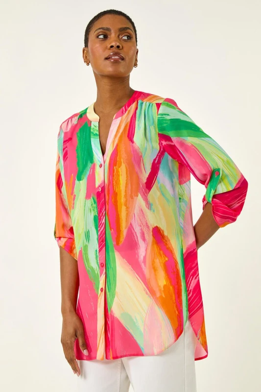 Image of Roman Womens Abstract Print V-Neck Button Blouse in Pink Size: 12 Pink Female 12