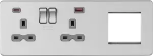 Image of Screwless 13A 2G DP Socket with USB Fastcharge + 2G Modular Combination Plate - Brushed Chrome 230V IP20