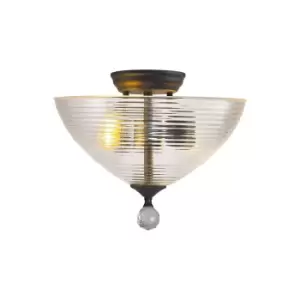 image of Dresden 2 Light Semi Flush Ceiling Lamp E27 With Round 33.5cm Prismatic Effect Glass Shade Graphite, Clear