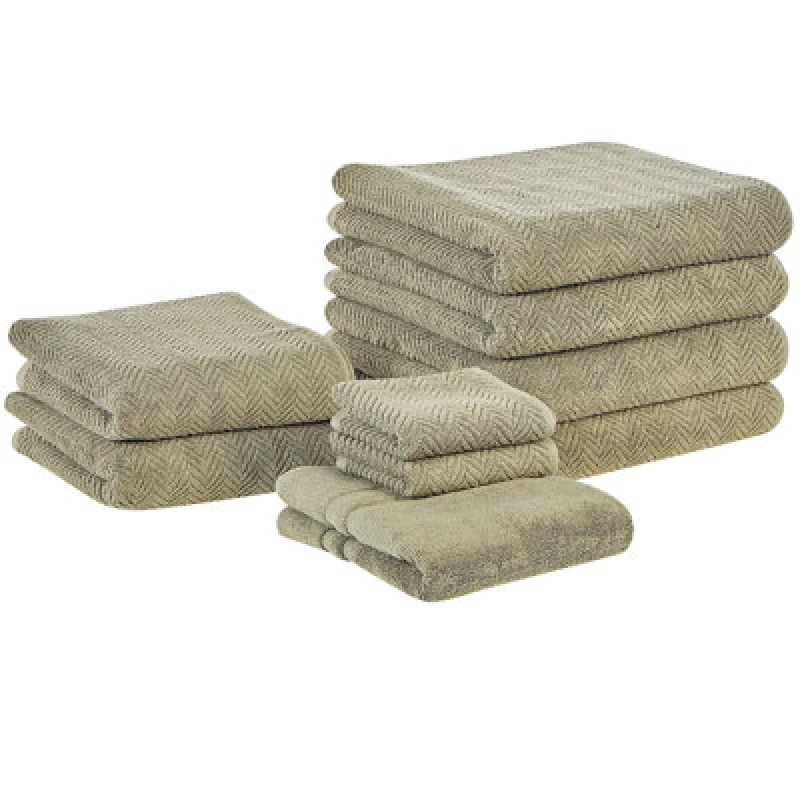 Image of Beliani Set Of 9 Towels Mitiaro Terry Cotton Olive Green