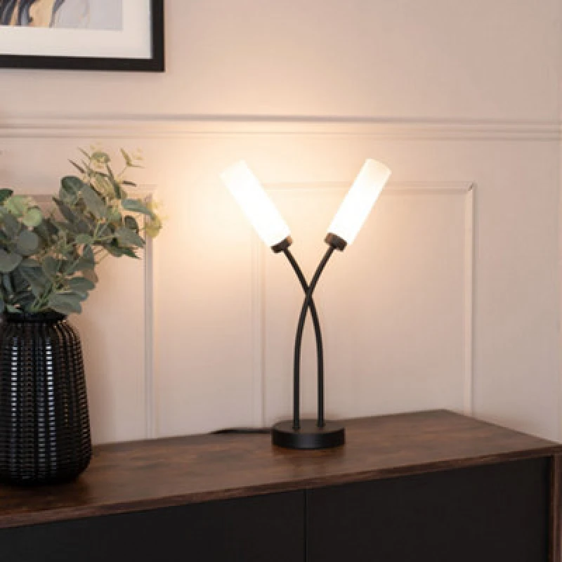 Image of ValueLights Maya 2 Way Curved Cross Over Reed Shaded Table Lamp Black