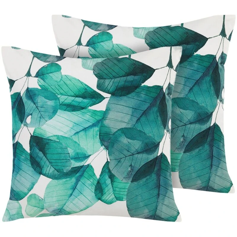Image of Beliani Set Of 2 Outdoor Cushions Trebbo Plant Pattern 45 X 45cm Teal