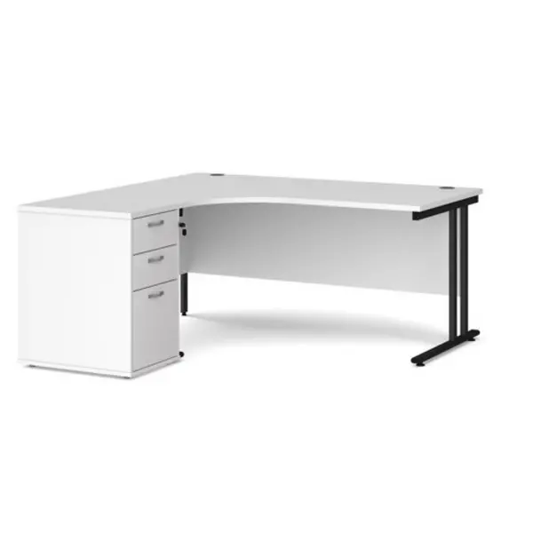 image of Office Desk Left Hand Corner Desk 1600mm With Pedestal White Top With Black Frame Maestro 25