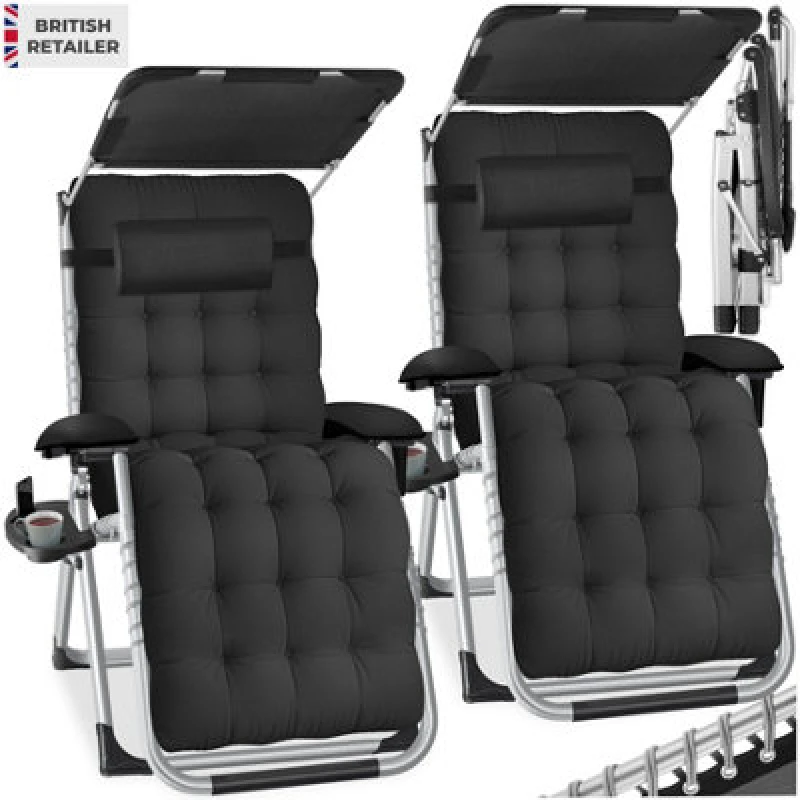 Image of Tectake Sun Lounger Cirrus With Plush Padding, Built-In Sun Shade And Folding Function - Black - Set Of 2