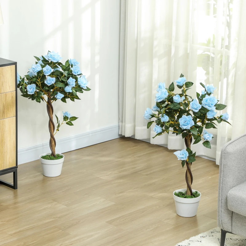 Image of Outsunny Set of 2 90cm Artificial Rose Tree - Fake Decorative Plant - Light Blue and Green TJ Hughes Yellow 5061025081905