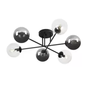 Image of Emibig Brendi Black Globe Multi Arm Semi Flush Ceiling light with Clear, Graphite, Amber Glass Shades, 6x E14