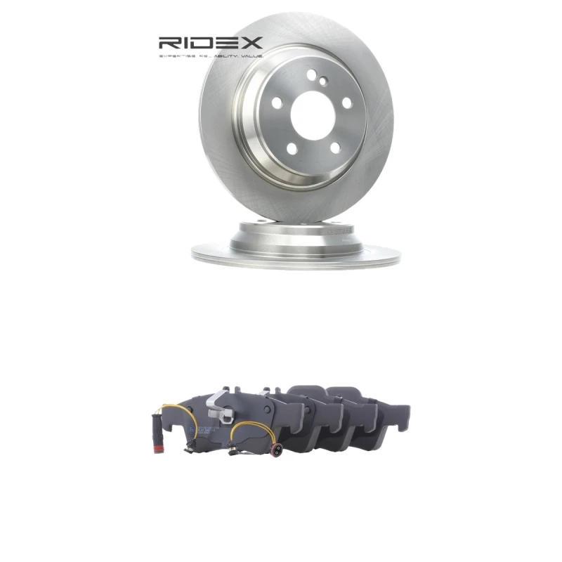 Image of RIDEX 3405B2324 Brake disc and pads set Rear Axle, Brake Disc Type: Solid, incl. wear warning contact Brake Set,disc brakes (3405)