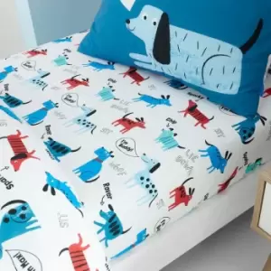 Image of Catherine Lansfield Kids Woofing Dogs Easy Care 10" Deep Fitted Sheet, White, Double