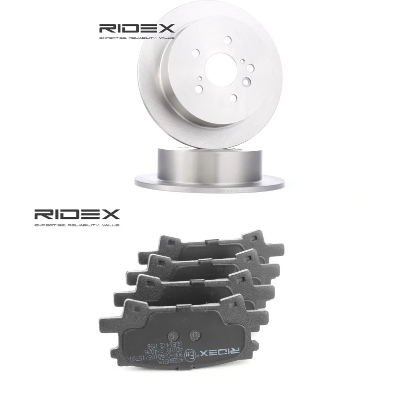 Image of RIDEX 3405B3333 Brake disc and pads set Rear Axle, Brake Disc Type: Solid, not prepared for wear warning indicator Brake Set,disc brakes (3405)
