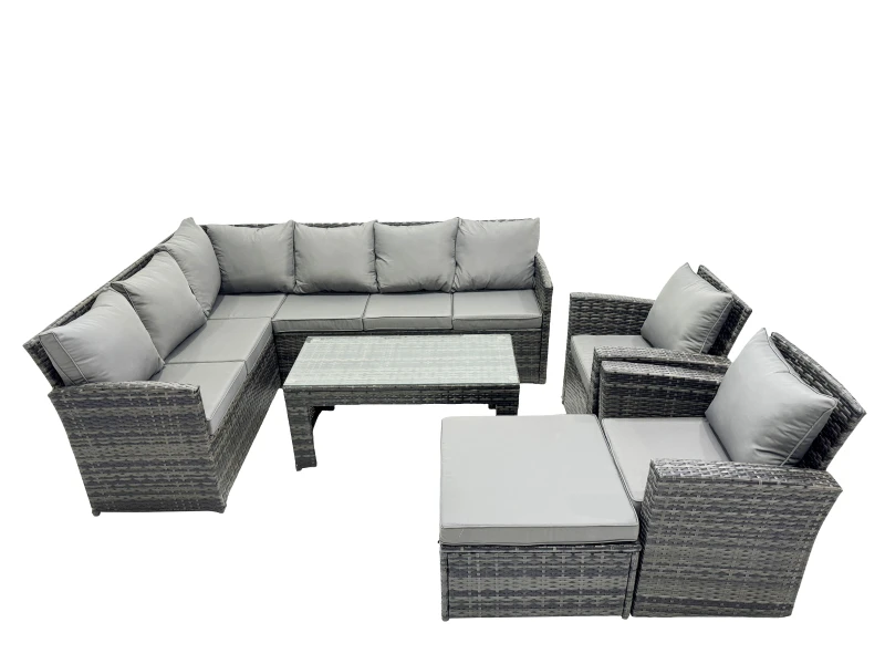 Image of Fimous 9 Seat Poly Rattan Corner Sofa Set with Big Stool 2 Chairs in Dark Grey Dark Grey Unisex