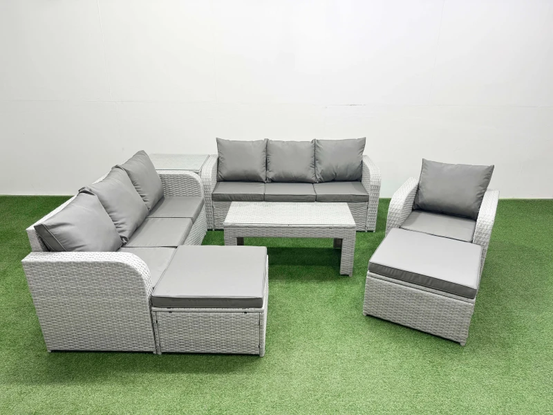 Image of Fimous 9 Seater Poly Rattan Outdoor Garden Furniture Oblong Coffee Table Sofa Set Patio 3 Seater Sofa Reclining Chair 3 Seater Sofa 2 Big Footstools S