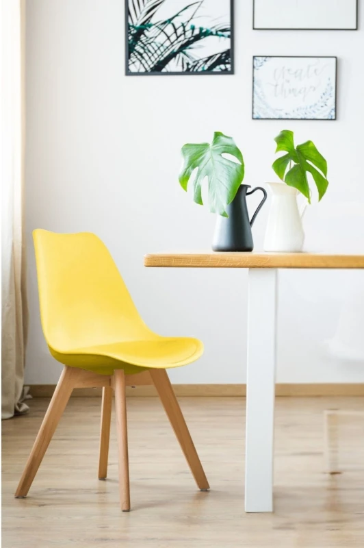 Image of Fusion Living Soho Plastic Dining Chair with Squared Light Wood Legs Yellow