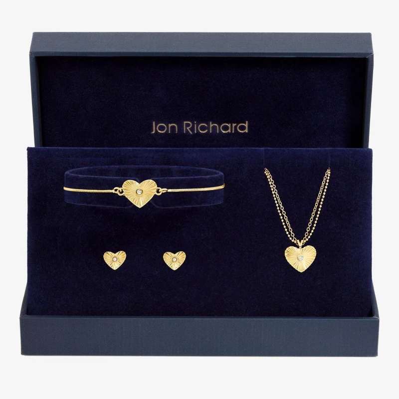 Image of Jon Richard Gold Plated Diamond Cut Heart Set - Gift Box Jewellery Sets One Size Gold 40040710000