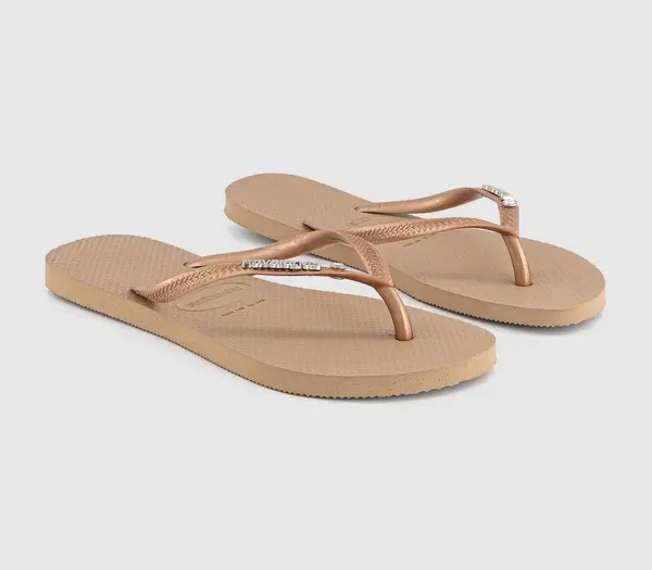 Image of Havaianas Womens Slim Metal Crystal Logo Flip Flops Rose Gold, 3/4