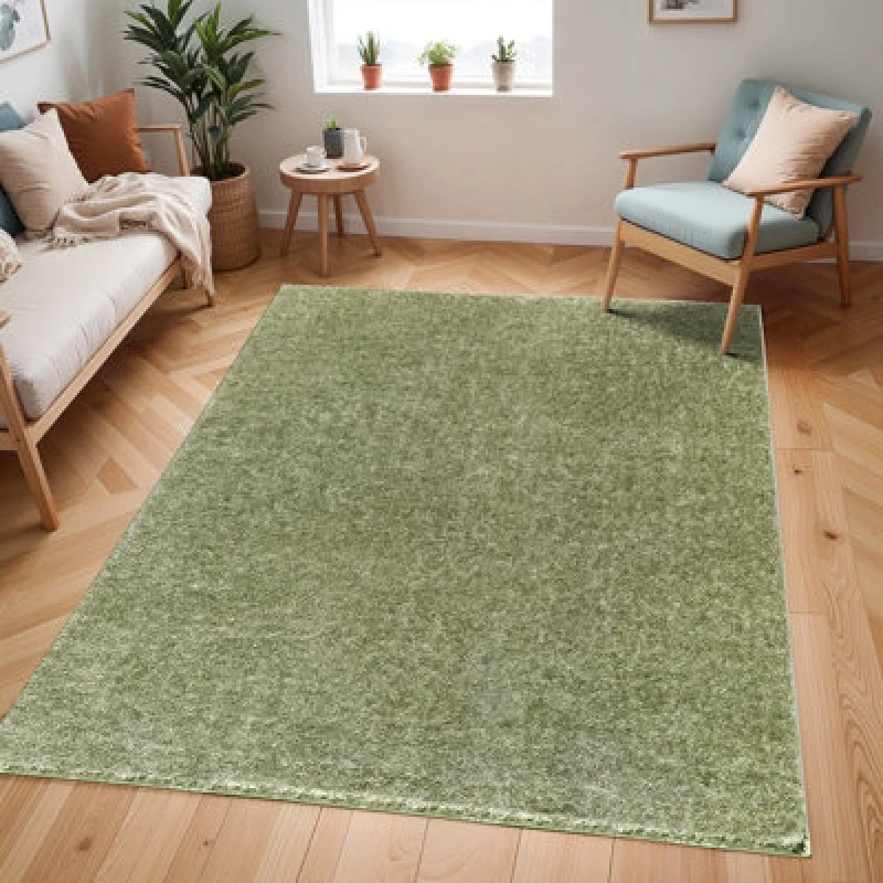 Image of Livabliss Shaggy Solid Color Plush Pile Moss Green Claire Area Rug 160 X 213cm - Easy Care, Non Shedding, Ideal For Living Room & Bedroom