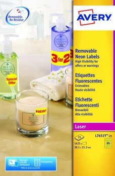 Image of Avery L7651Y-25 High Visibility Laser Labels 38.1 x 21.2mm Neon Yellow Pack of 1625 Labels