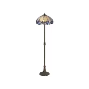 Image of 2 Light Leaf Design Floor Lamp E27 With 40cm Tiffany Shade, Blue, Clear Crystal, Aged Antique Brass