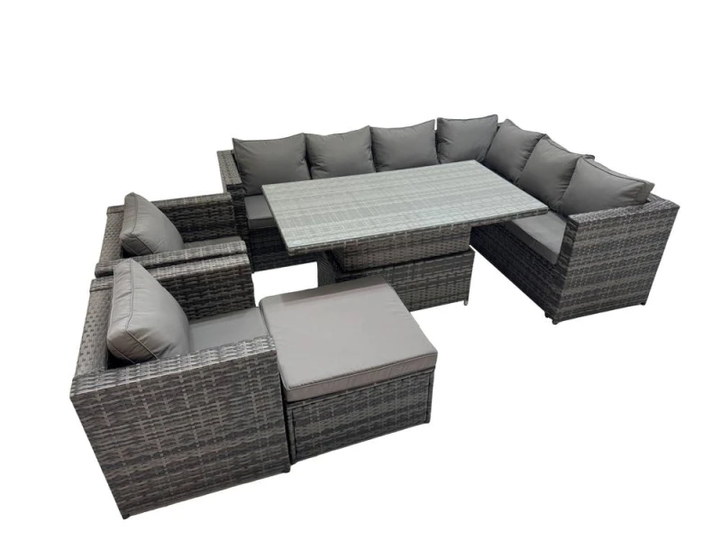 Image of Fimous 9 Seater Rattan Corner Sofa Sets with 2 Chairs Big Stool in Dark Grey Dark Grey Unisex