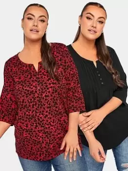 Image of Yours Pintuck Henley 2 Pack - Black & Red Ditsy, Black, Size 16, Women