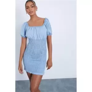 Image of I Saw It First Light Wash Shirred Denim Puff Sleeve Mini Dress - Blue
